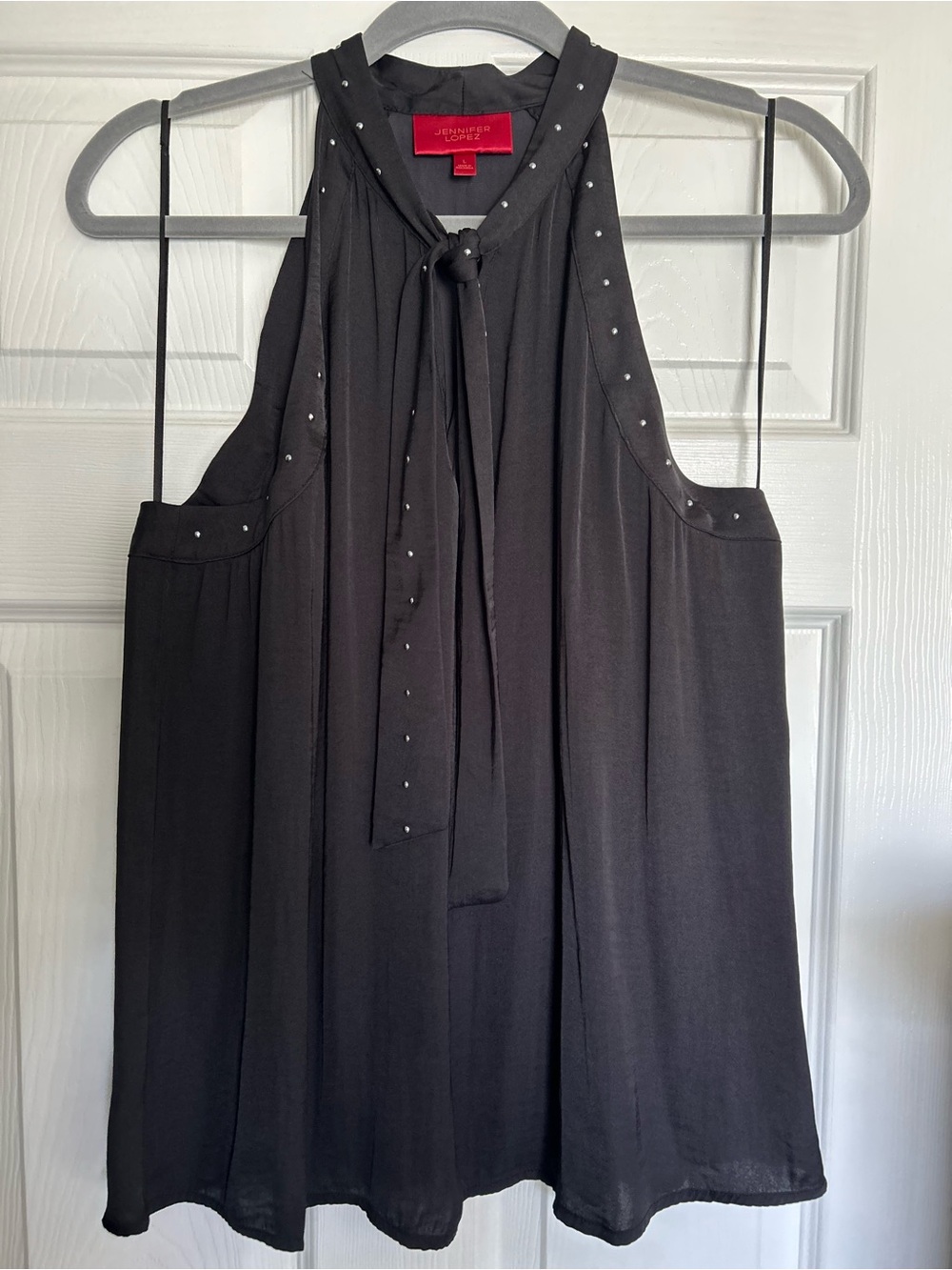 Jennifer Lopez Black Sleeveless Tie-Neck Blouse with Silver Studs